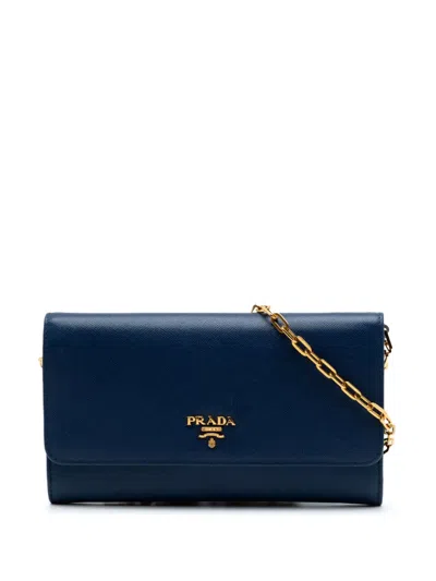 Pre-owned Prada 2010-2026 Saffiano Wallet On Chain Crossbody Bag In Blue