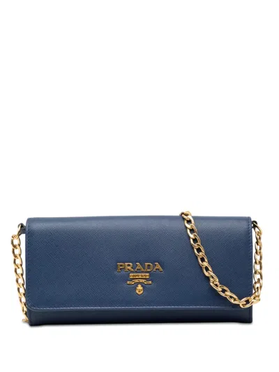 Pre-owned Prada 2010-2026 Saffiano Wallet On Chain Crossbody Bag In Blue