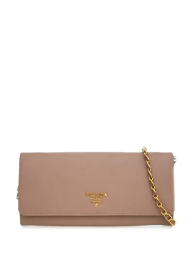 Pre-owned Prada 2010-2026 Saffiano Wallet On Chain Crossbody Bag In Brown