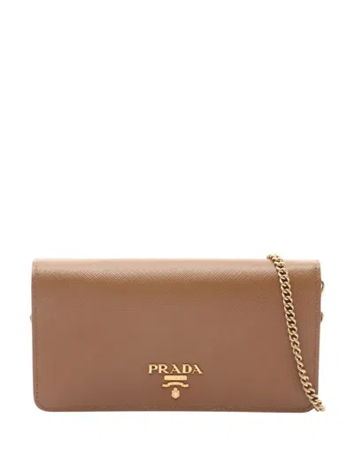 Pre-owned Prada 2010-2026 Saffiano Wallet On Chain Crossbody Bag In Brown