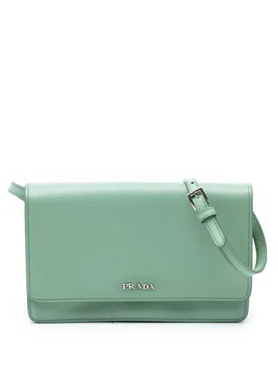 Pre-owned Prada 2010-2026 Saffiano Wallet On Strap Crossbody Bag In Green