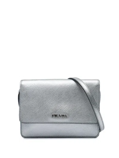 Pre-owned Prada 2010-2026 Saffiano Wallet On Strap Crossbody Bag In Silver