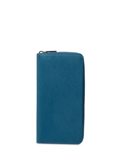 Pre-owned Prada 2010-2026 Saffiano Zip Around Portfolio Wallet Long Wallets In Blue