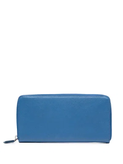 Pre-owned Prada 2010-2026 Saffiano Zip Around Travel Organizer Wallet Long Wallets In Blue