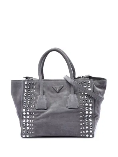 Pre-owned Prada 2010-2026 Scamosciato Strass Studded Twin Pocket Satchel In Gray