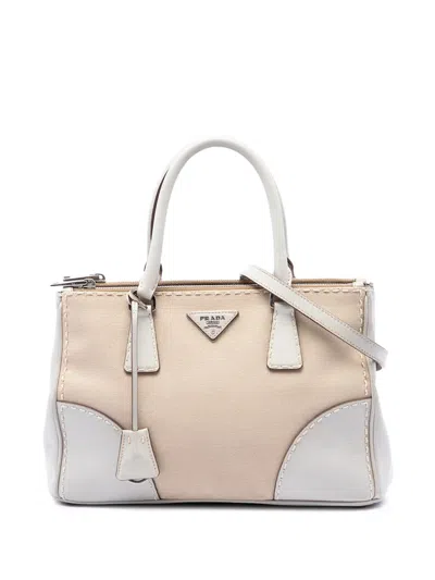 Pre-owned Prada 2010-2026 Small Canvas And City Calf Stitch Galleria Double Zip Satchel In White