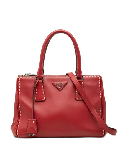 Pre-owned Prada 2010-2026 Small City Calf Hand Stitched Galleria Double Zip Satchel In Red