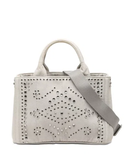 Pre-owned Prada 2010-2026 Small Denim Canapa Bijoux And Grommet Satchel In Gray