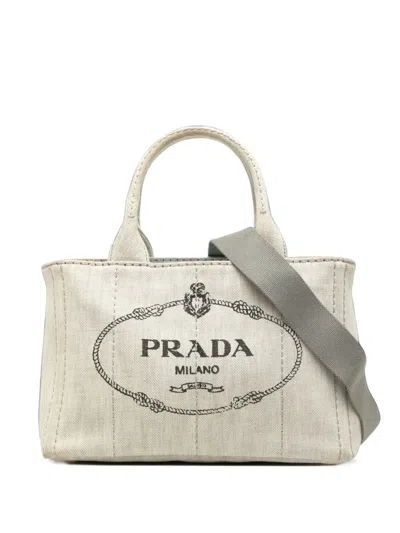 Pre-owned Prada 2010-2026 Small Denim Canapa Logo Tote Satchel In Grey