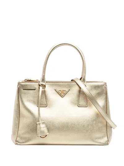 Pre-owned Prada 2010-2026 Small Metallic Saffiano Lux Galleria Double Zip Satchel In Gold