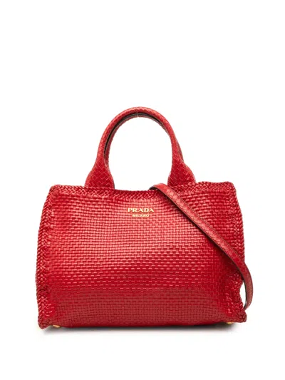 Pre-owned Prada 2010-2026 Small Woven Goatskin Madras Satchel In Red