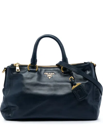 Pre-owned Prada 2010-2026 Soft Calf Double Zip Convertible Tote Satchel In Blue