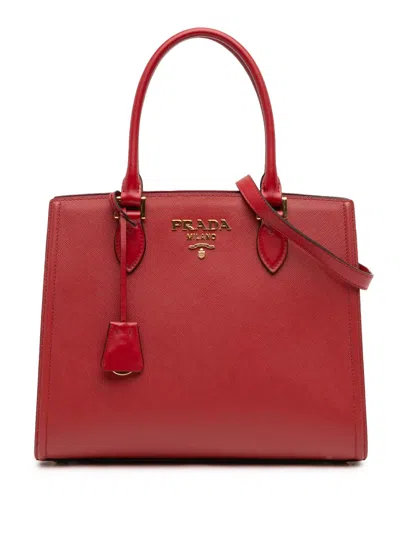 Pre-owned Prada 2010-2026 Soft Calf Trimmed Saffiano Lux Satchel In Red