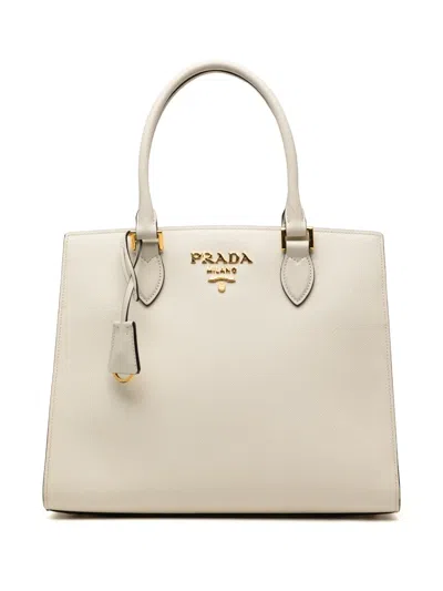 Pre-owned Prada 2010-2026 Soft Calf Trimmed Saffiano Lux Satchel In White