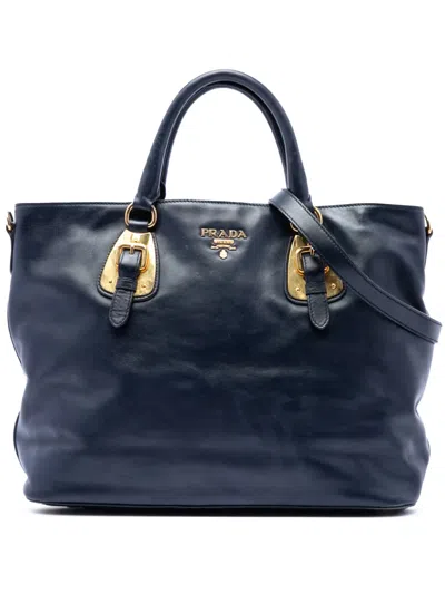 Pre-owned Prada 2010-2026 Soft Calfskin Open Convertible Shopping Tote Satchel In Blue