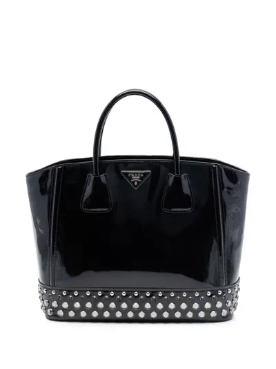 Pre-owned Prada 2010-2026 Spazzolato Studded Crystal Tote Bag In Black