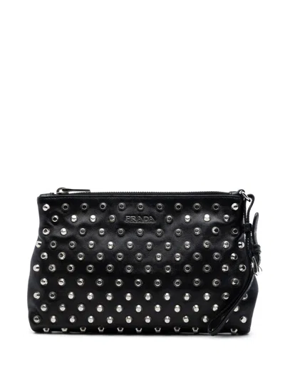 Pre-owned Prada 2010-2026 Studded Leather Clutch Bag In Black