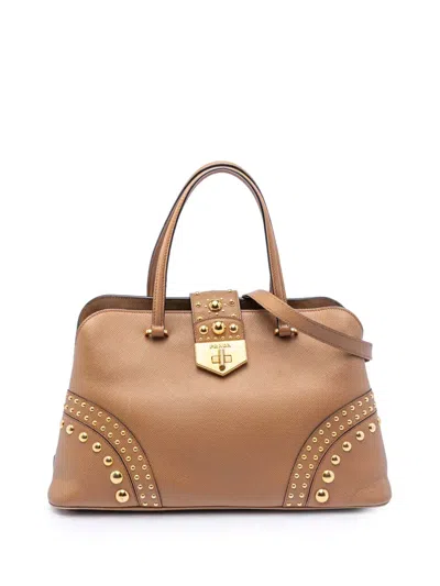 Pre-owned Prada 2010-2026 Studded Saffiano Cuir Promenade Satchel In Brown