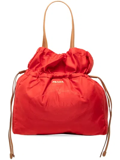 Pre-owned Prada 2010-2026 Tessuto Logo Drawstring Tote Bag In Red