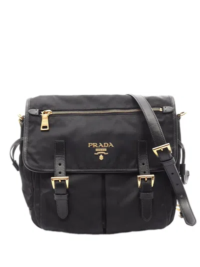 Pre-owned Prada 2010-2026 Tessuto Zip Double Buckle Messenger Bag Crossbody Bag In Black