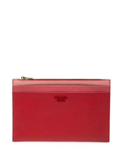 Pre-owned Prada 2010-2026 Tricolor Saffiano Zippered Portfolio Clutch Bag In Red
