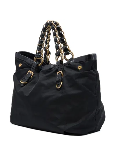 Pre-owned Prada 2010-2026 Vernice Trimmed Tessuto Chain Tote Bag In 黑色