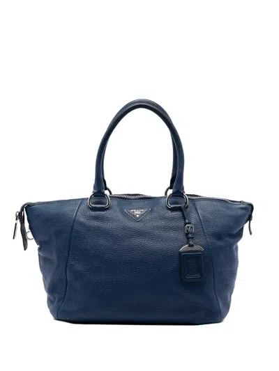 Pre-owned Prada 2010-2026 Vitello Daino Double Handle Satchel In Blue