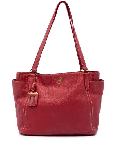 Pre-owned Prada 2010-2026 Vitello Daino Double Pocket Tote Bag In Red
