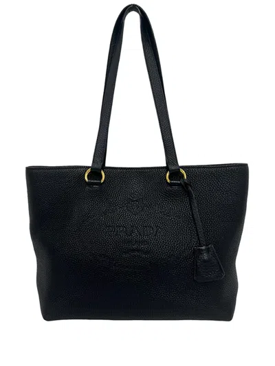 Pre-owned Prada 2010-2026 Vitello Daino Embossed Logo Tote Bag In Black