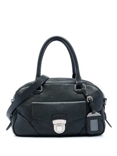 Pre-owned Prada 2010-2026 Vitello Daino Front Pocket Boston Bag Satchel In Black