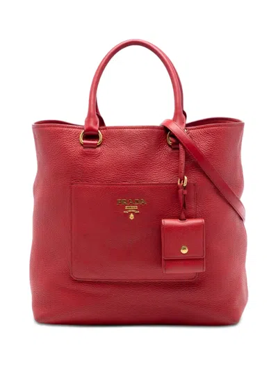 Pre-owned Prada 2010-2026 Vitello Daino Front Pocket Convertible Tote Satchel In Red