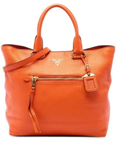 Pre-owned Prada 2010-2026 Vitello Daino Front Pocket Open Convertible Tote Satchel In 橘色
