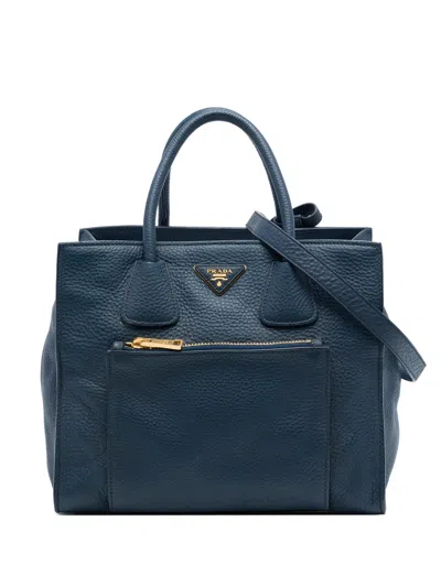 Pre-owned Prada 2010-2026 Vitello Daino Front Pocket Open Convertible Tote Satchel In Blue