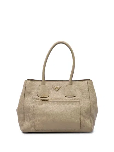Pre-owned Prada 2010-2026 Vitello Daino Front Pocket Open Convertible Tote Satchel In Neutrals