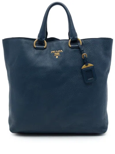 Pre-owned Prada 2010-2026 Vitello Daino Open Convertible Tote Satchel In Blue