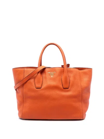 Pre-owned Prada 2010-2026 Vitello Daino Open Convertible Tote Satchel In Orange