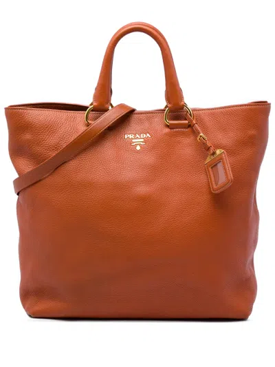 Pre-owned Prada 2010-2026 Vitello Daino Open Convertible Tote Satchel In Orange