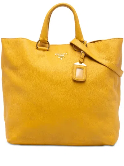 Pre-owned Prada 2010-2026 Vitello Daino Open Convertible Tote Satchel In Yellow