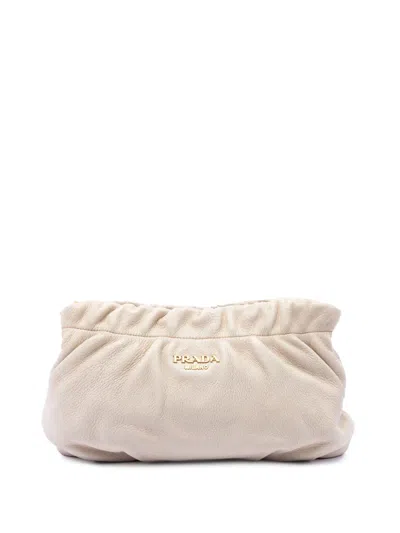 Pre-owned Prada 2010-2026 Vitello Daino Ruched Clutch Bag In Brown