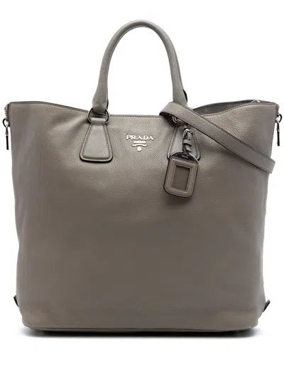 Pre-owned Prada 2010-2026 Vitello Daino Side Zip Convertible Tote Satchel In Brown