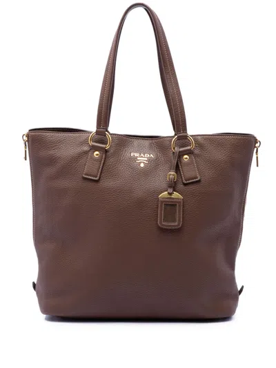 Pre-owned Prada 2010-2026 Vitello Daino Side Zip Shopper Tote Bag In Brown