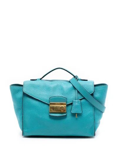 Pre-owned Prada 2010-2026 Vitello Daino Sound Lock Satchel In Blue