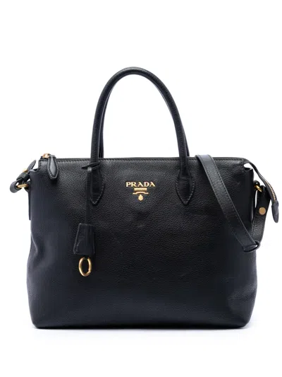 Pre-owned Prada 2010-2026 Vitello Daino Zip Top Satchel In Black