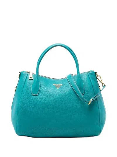 Pre-owned Prada 2010-2026 Vitello Daino Zip Top Satchel In Blue
