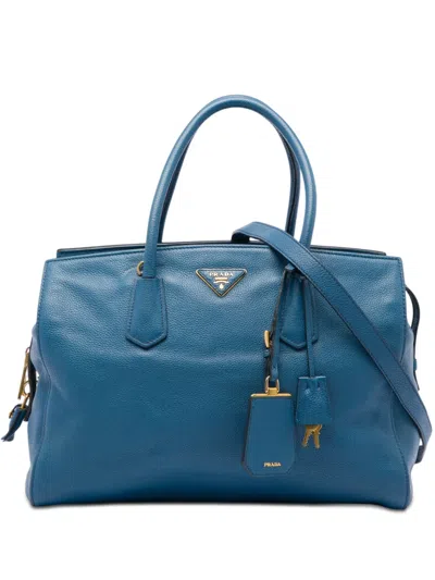 Pre-owned Prada 2010-2026 Vitello Daino Zip Top Satchel In Blue