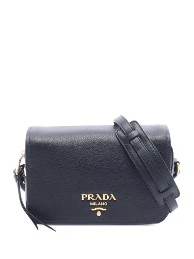 Pre-owned Prada 2010-2026 Vitello Phenix Flap Bag Shoulder Bag In Black