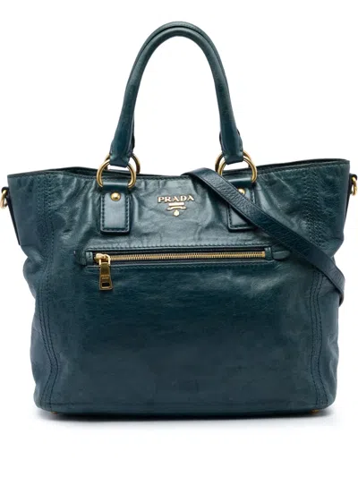 Pre-owned Prada 2010-2026 Vitello Shine Front Pocket Convertible Tote Satchel In Green