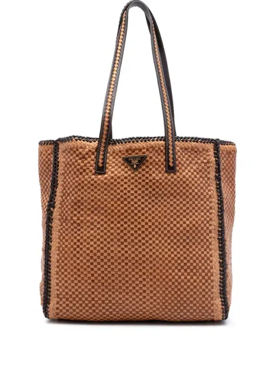 Pre-owned Prada 2010-2026 Woven Goatskin Madras Tote Bag In Brown