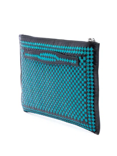 Pre-owned Prada 2010-2026 Woven Goatskin Madras Zip Clutch Bag In 蓝色
