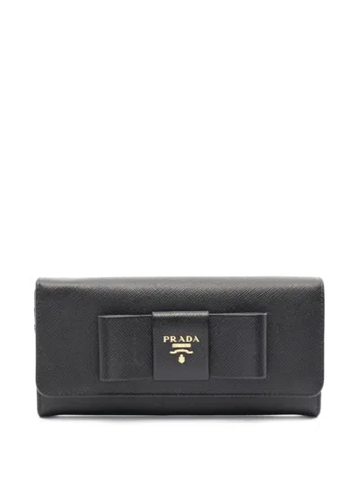 Pre-owned Prada 2010s Bow-appliqué Leather Wallet In Black